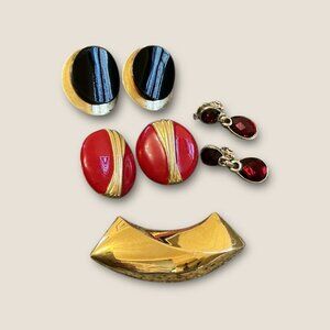 Napier Vintage Clip-On Earrings & Brooch Set Gold Tone Red Black Bulk Lot